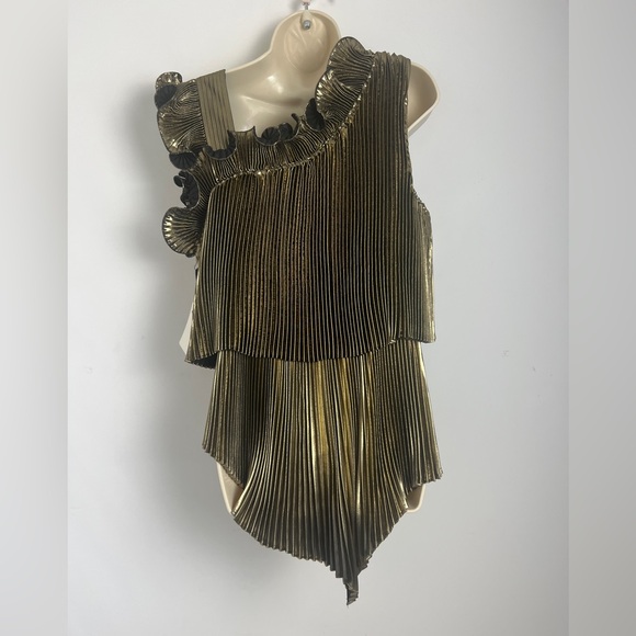NEW Halogen X Atlantic-Pacific Large Pleated Asymmetrical Gold Black Lame Blouse - Picture 13 of 16